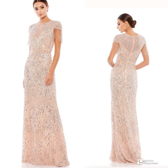 Mac Duggal 4715 Embellished Fringe Cap Sleeve Trumpet Gown Size 14 NWT Platinum